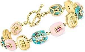 Ross-Simons Pink Opal, Turquoise And 1.80 Ct. T.W. Multi-Gemstone Overlay Bracelet In 18kt Gold Over Sterling