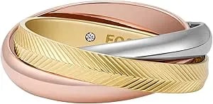 Fossil Women'S Harlow Interlocking Links Tri-Tone Stainless Steel Band Ring