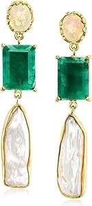 Ross-Simons Opal, 8x26mm Cultured Baroque Pearl And 17.00 Ct. T.W. Emerald Drop Earrings In 18kt Gold Over Sterling