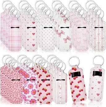 Quelay 40 Pcs Pink Lipstick Holder Keychain Bulk Preppy Bow Lip Gloss Sleeve Lip Balm Holder Gifts For Women