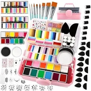 Professional Face Painting Kit 110 Colors Split Cake Face Paint 96 Pcs Set Non-Toxic Washable & Safe With Brushes Sponges Glitter Stencils For Halloween Makeup Kit For Pro Face Painter Full Kit