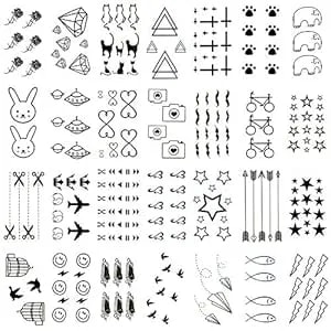 30 Sheets Small Cute Temporary Tattoos Kit - Black Foot Print Camera Elephant Star Diamond Cross Bird Cat For Kids Women Men