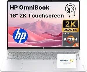 Hp Omnibook 16" Laptop Ai Pc, 2k Touchscreen, Amd Ryzen 5 40, 8 Gb Ram, 256 Gb Pcle Ssd, Copilot Key, Windows 11, Glacier Silver