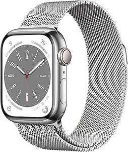 Apple Watch Series 8 [Gps + Cellular, 41mm] - Silver Stainless Steel Case With Silver Milanese Loop, One Size (Renewed)