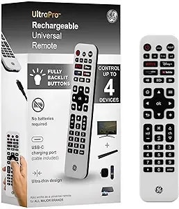 Ge Rechargeable Tv Remote Control, Universal Remote Control, Backlit Buttons, Samsung Tv Remote Control Replacement For Smart Tvs, Apple Tv, Sony, Roku Replacement Remote, Lg Tv, 4-Device, 80984
