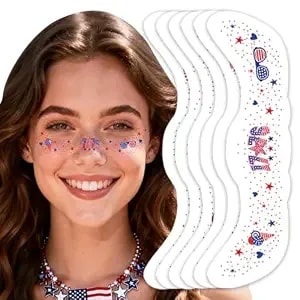 4th Of July Glitter Freckles, 6pcs Independence Day Face Tattoo Sparkle Red Blue White Star Dot Heart Lips Fireworks Bow American Flag Freckles Makeup Patches For Face Rave Accessories