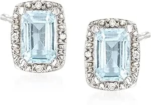 Ross-Simons 1.00 Ct. T.W. Aquamarine Stud Earrings With Diamond Accents In Sterling Silver