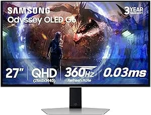 Samsung 27” Odyssey OLED G6 (G60SD) Series Gaming Monitor With QHD & QD-OLED, 360Hz 0.03ms, AMD Freesync Premium Pro, Anti-Glare, Sleek Design, Cooling System, 3 Year Warranty, LS27DG602SNXZA