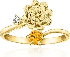 Ross-Simons Chrysanthemum Flower/November Birthstone Ring With .10 Carat Citrine And Single Lab-Grown Diamond In 18kt Gold Over Sterling