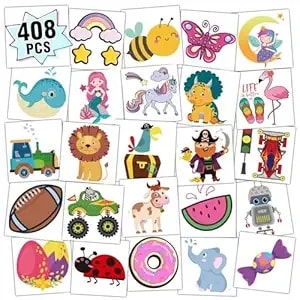 Partywind 408 Pcs Kids Tattoos For Party Supplies, Individually Wrapped Sheet Temporary Tattoos Stickers For Kids Goodie Bag Stuffers, Fun Birthday Party Favors - Mixed