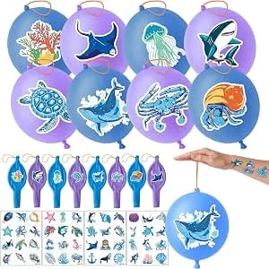 72 Pcs Ocean Party Favors For Kids – 48 Pre-Cut Temporary Tattoos & 24 Ocean Punch Balloons Themed Birthday Party Decorations Supplies Favors Gifts, Goodie Bag Fillers, Classroom Rewards