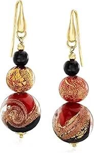 Ross-Simons Italian Red, Black And Gold Murano Glass Drop Earrings In 18kt Gold Over Sterling