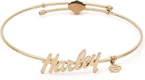 Harley-Davidson Womens Cursive Script Gold Stone Stainless Steel Bangle Bracelet