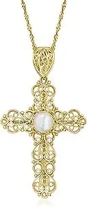 Ross-Simons Mother-Of-Pearl Filigree Cross Pendant Necklace In 18kt Gold Over Sterling