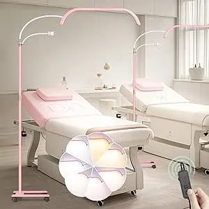 Hitti Estheticians Light, Flexible Gooseneck Lash Light For Eyelash Tech, Led Half Moon Light With Phone Holder, Stepless Dimming And 7 Color Modes Floor Lash Lamp For Tattoo Artists Nail Craft- Pink