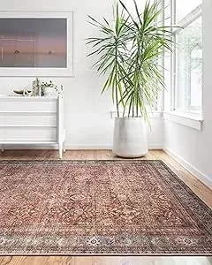 Loloi Layla Collection Lay-01 Brick/Blue 2'-3" X 3'-9" .13" Thick Accent Rug, Soft, Durable, Vintage Inspired, Distressed, Low Pile, Non-Shedding, Easy Clean, Printed, Living Room Rug