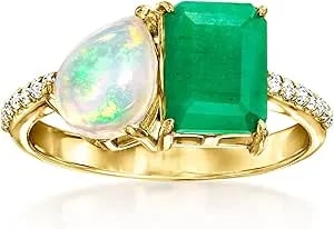 Ross-Simons Opal And 1.80 Carat Emerald Toi Et Moi Ring With .10 Ct. T.W. White Topaz In 18kt Gold Over Sterling