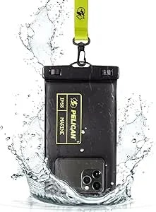 Pelican Marine - ip68 Waterproof Phone Pouch (Regular Size) Floating Waterproof Phone Case - Beach Cruise Ship Travel Essentials - Works With All Phones - Detachable Lanyard - Black/Hi-Vis Yellow