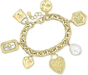 Ross-Simons 14kt Yellow Gold-Plated Charm Bracelet With Simulated Gemstones, Pearl And .50 Ct. T.W. Czs. 7 Inches