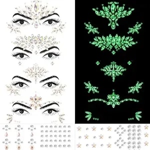 Erythem Face Gems For Women 6 Sheets Face Jewels Stick On Self Adhesive Rhinestones Stickers For Makeup Music Festival Rave Party (4luminous)