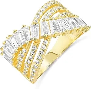 Amazon Essentials Sterling Silver Pave And Baguette Cz Crossover Cocktail Ring