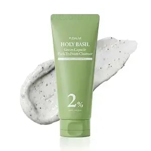 P.Calm Holy Basil Green Capsule Pack-To-Foam Cleanser - 2-In-1 Clay Mask, Facial Cleanser, For Double Cleansing, Pore Cleaner, Blackhead Remover, Korean Skin Care - 120ml / 4.05 Fl.Oz