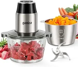 Ganiza Food Processors With 2 Bowls, 450w Meat Grinder Vegetable Chopper - 2-Speed Electric Food Chopper With 8 Cup Glass & 8 Cup Stainless Steel Bowls -Includes 2 Sets Of Blades For Fruits/Meat/Nuts
