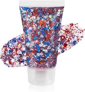 Mysense Red White And Blue Body Glitter Gel,Usa Flag Face Hair Glitter For 4th Of July Outfits For Women,Patriotic Fourth Of July Accessories For Independence Day Memorial Day Veterans Day