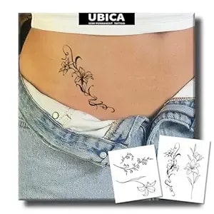 Semi Permanent Tattoo, 2 Sheets Lily Temporary Tattoo For Women Girls, Realistic Flower Tattoos For Waist Arm, Minimalist Line Floral Tattoos, Lasts 1-2 Weeks, Waterproof & Non-Reflective