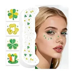 Cerlaza St Patricks Day Accessories, 40 Pcs St Patty'S Day Glitter Gold Green Freckles Temporary Tattoos Shamrock Face Stickers, Saint Patricks Party Decorations Outfit Accessories For Women Kids