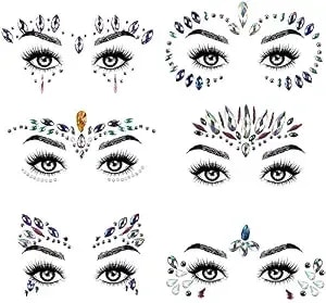 Aomig Face Gems Glitter, 6 Pcs Rhinestone Face Glitter Stickers, Mermaid Face Jewels Stick On, Crystal Tears Gem Stones Eyes Face Body Temporary Tattoos Stickers For Christmas Makeup Gift