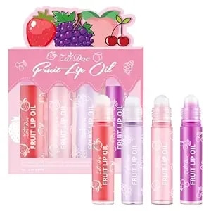 4 Pieces Per Set Fruit Lip Oil Roll-On, Jojoba Oil Infused Moisturizing Lip Gloss For Dry Lips, Nourishing & Non-Sticky Lip Care With Strawberry, Grape, Peach, Cherry Scents
