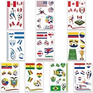 60 Pcs World Flag Soccer Football Temporary Tattoos Stickers For Kids, Sport-Themed Party Waterproof Tattoos, Player Tattoo For Boys & Girls, Party Bag Filler, School Reward,10sheet (Country Flag 2)
