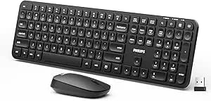 Philips Wireless Keyboard And Mouse Combo,2.4g 2 In 1 Receiver Cordless Full Size Keyboard And Mice,Ultra Slim And Quiet Keyboard & Ergonomic Mice For Windows Xp/7/8/10,Mac Os x10.4 Or Higher-Black