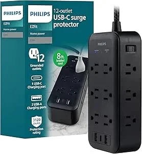 Philips Surge Protector, 12 Outlet, 2 USB-A, 1 USB-C, 17W, 3120J, Braided Cord, 8ft, Black
