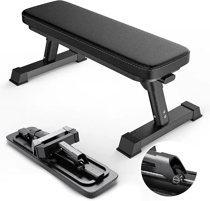 Finer Form Foldable Flat Weight Bench For Home Gym, 1,000 Lb Capacity - 4-Way Steel Frame For Extra Stability, Thick Pad, Easy Folding Storage, Minimal Assembly, Free Workout Chart Included