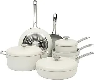 Sur La Table Kitchen Essentials Potluck Porch 10 Piece Pfa Free Ceramic Non Stick Interior Forged Aluminum Cookware Pots And Pans Set W/Aluminum Lids - Linen White - Induction Compatible