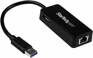 Startech.Com USB 3.0 Ethernet Adapter - USB 3.0 Network Adapter NIC With USB Port - USB To RJ45 - USB Passthrough (USB31000SPTB), Black, 0.7" X 1.4" X 5" X 5"