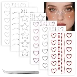 6sheet Face Gems With Tweezer, Self Adhesive Face Makeup Gems 3d Star Heart Moon Shape Facial Gem Stickers With Tweezer Facial Jewels Body Gem For Faces Eye Makeup Body Diy Craft