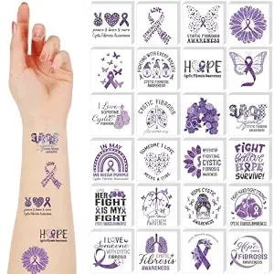 Landhoow 240 Pcs Cystic Fibrosis Purple Ribbon Awareness Tattoos Temporary Glitter Awareness Body Sticker For Campaign Favor Charity Supplies, 24 Designs