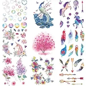 9 Sheets Waterproof Temporary Tattoo Stickers Colorful Bubble Flower Peacock Unicorn Arrow Feather Pink Tree Suit For Arm Shoulder Face