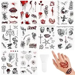 10-Sheet Large-Size Halloween Skull Temporary Tattoos With Soft Scraper, Waterproof Temp Tattoo Stickers For Men Women Adults Cosplay Costume Party Makeup
