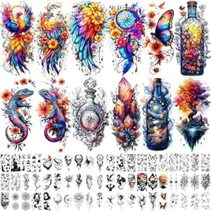 72 Sheets Magic Bottle Temporary Tattoos For Women Adults – Galaxy Fantasy Tattoo Stickers With Crystals, Feathers & Phoenix Wings – Colorful Boho Waterproof Wear For Festival, Music Party, Beach Days
