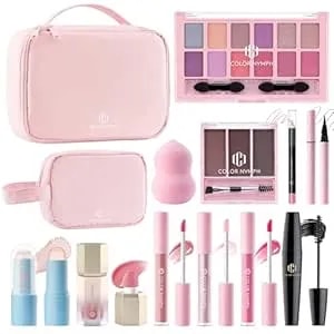 Color Nymph Makeup Set For Teen Girls Women With 2-In-1 Travel Bag, All In One Makeup Case Full Kit Includes Eyeshadow Lipgloss Eyebrow Powder Highlighter Blush Mascara Eyeliner Lipliner & Puff - Pink