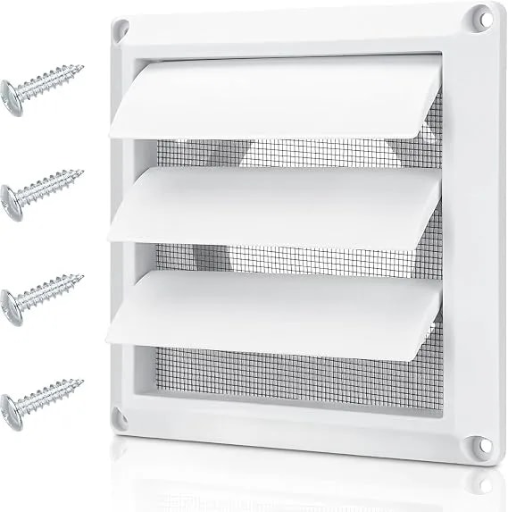 4 Inch Outdoor Dryer Vent Cover Louvered With Screen For Exterior Wall - Durable 6"x6" Face, With 4 Screws, For 4" Dryer Exhaust Pipe Vent Hood Outlet Airflow, Weather & Uv-Resistant, Plastic, White