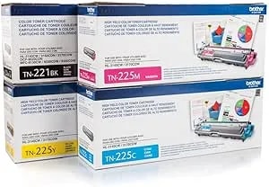 Brother TN221BK Standard Yield Black And TN225C, TN225M, TN225Y High Yield Cyan, Magenta And Yellow Toner Cartridge Set