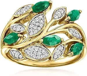 Ross-Simons 1.60 Ct. T.W. Emerald And .20 Ct. T.W. White Topaz Leaf Ring In 18kt Gold Over Sterling