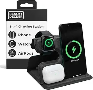 Black+Decker 3 In 1 Charging Station For Apple Multiple Devices, Wireless Foldable Travel Charger For Multiple Devices Iphone 17 16 15 14 13 Pro Max Plus Apple Watch Series/Airpods (Black)