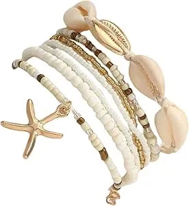 Milumia Women'S 7 Piece Shell Beaded Bracelets Boho Beach Layered Bracelet