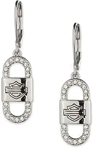 Harley-Davidson Women'S Paperclip Bar & Shield Crystal Drop Earrings, Silver